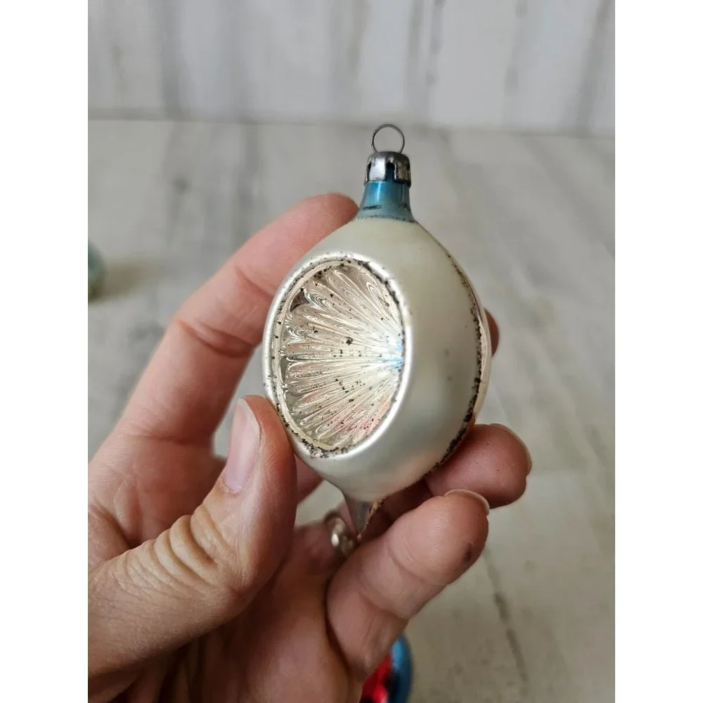 Vintage striped poland indent mini ornament reflector Mercury glass pink blue se
